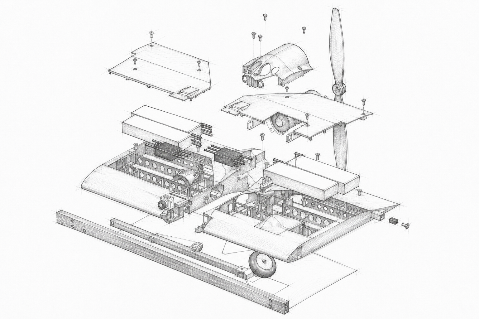 Non-photorealistic line rendering of the mobula 3.0 motor plate and nose landing gear