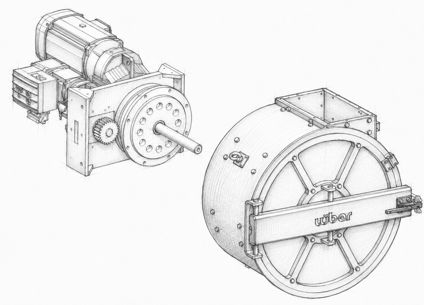 Non-photorealistic line rendering of the horizontal batch mixer prototype.
