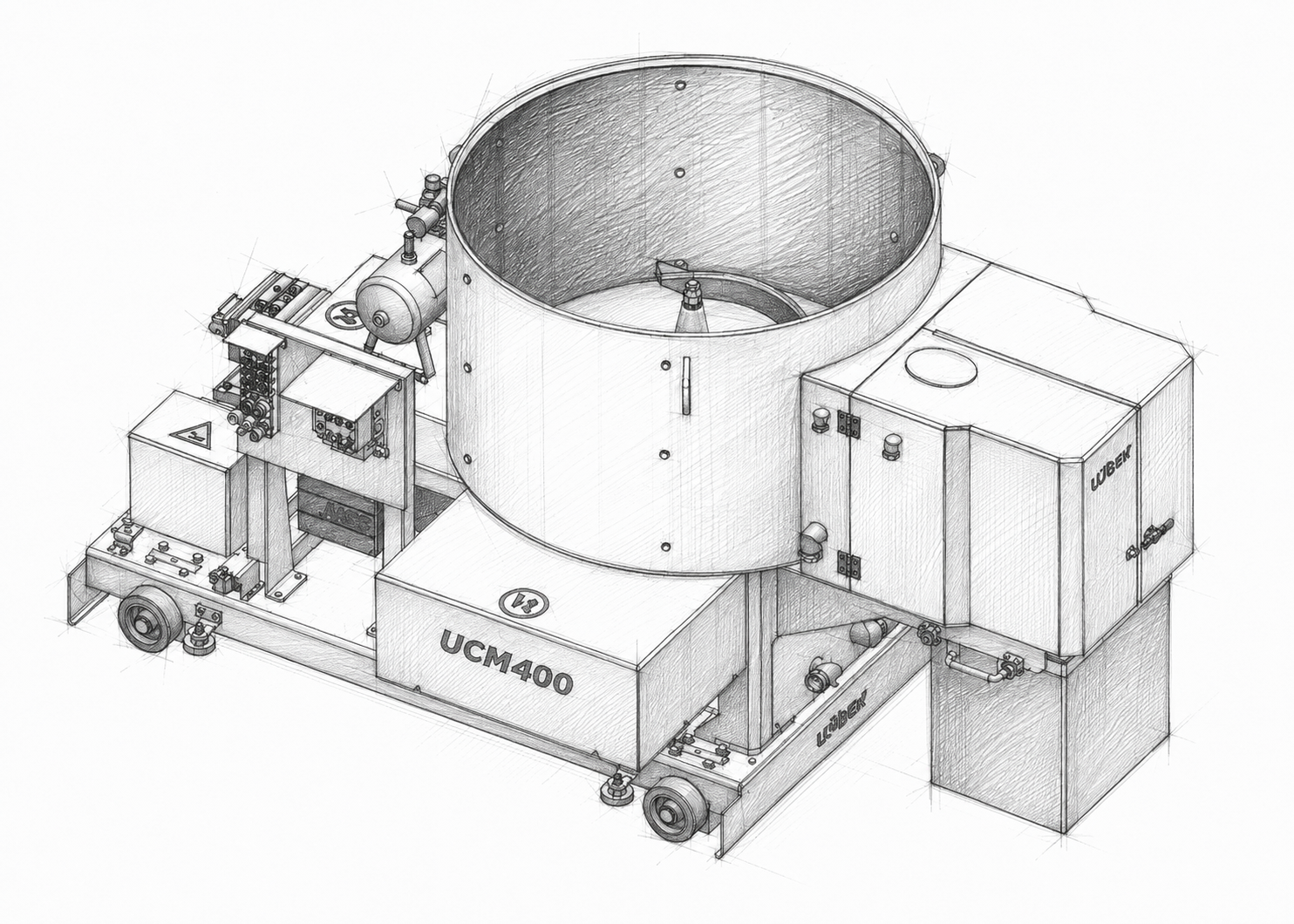 Non-photorealistic line rendering of a vertical batch mixer.
